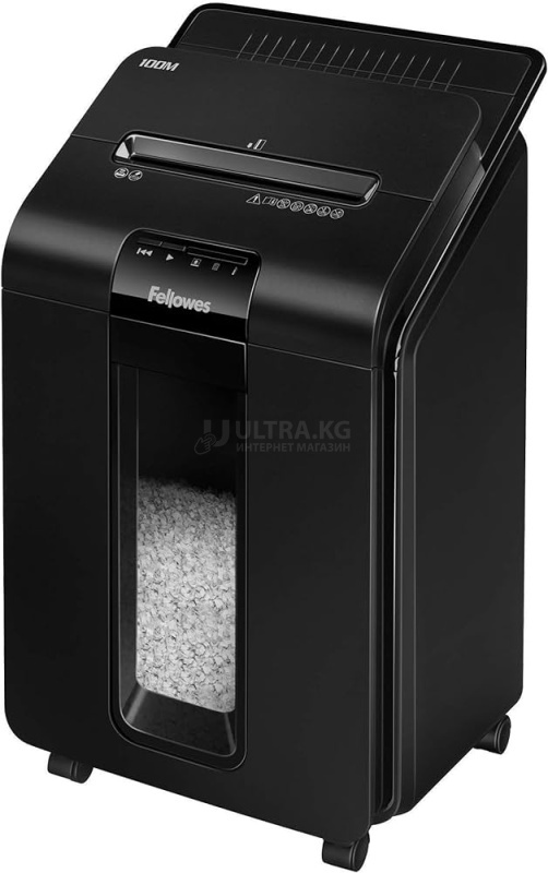 Шредер Fellowes AUTOMAX 100M Уровень секретности P-4, Фрагмент 4х10 мм, Подача 10(100) лист, автоподача, Ёмкость корзины 23 л, Уничтожение скоб, скрепок, пл. карт, Чёрный Шредер Fellowes AUTOMAX 100M Уровень секретности P-4, Фрагмент 4х10 мм, Подача 10(100) лист, автоподача, Ёмкость корзины 23 л, Уничтожение скоб, скрепок, пл. карт, Чёрный