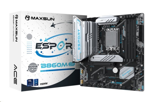 Матплата MAXSUN MS-eSport B860M GANK WIFI, LGA1851, Intel B860, 2xDDR5, 1xPCI-E 5.0x16, 1xPCI-E 1.0x1, Sound8Ch, GLAN, 2SATA+2M.2, RAID, mATX, 5USB3.2+3USB2.0, HDMI, DP, WiFi