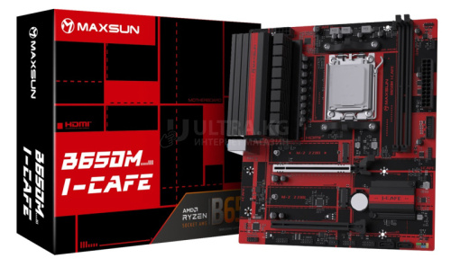 Материнская плата AM5 MAXSUN MS-B650M I-CAFE, AMD B650, 2xDDR5 PC64000, 2xPCI-EX16, 2xSATA+2M.2, GBLAN, Sound7.1, mATX, 6xUSB2.0, 6xUSB3.2, HDMI