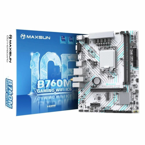 Матплата MAXSUN MS-B660M GAMING WIFI ICE, LGA1700, Intel B660, 2xDDR4 PC25600, 1xPCI-E 4.0x16, 1xPCI-E 3.0x1, Sound8Ch, GLAN, 3SATA+M.2, mATX, 4USB3.2+6USB2.0, VGA, HDMI