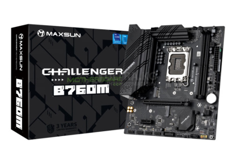 Матплата MAXSUN MS-Challenger B760M, LGA1700, Intel B760, 2xDDR4 PC34100, 1xPCI-E 4.0x16, 1xPCI-E 3.0x1, Sound8Ch, GLAN, 3SATA+2M.2, RAID, mATX, 6USB3.2+6USB2.0, VGA, HDMI