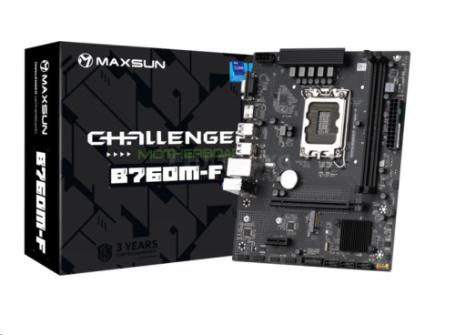 Матплата MAXSUN MS-Challenger B760M-F, LGA1700, Intel B760, 2xDDR4 PC34100, 1xPCI-E 4.0x16, 1xPCI-E 3.0x1, Sound8Ch, GLAN, 2SATA+2M.2, RAID, mATX, 4USB3.2+4USB2.0, VGA, HDMI