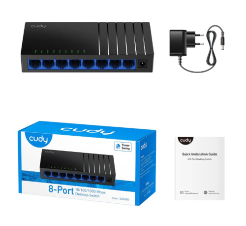 Сетевой коммутатор CUDY GS108D 8-Port Gigabit Ethernet Switch, 8 10/100/1000M RJ45 Ports, IGMP Snooping, Loop Detection/Prevention, 802.1p/DSCP QoS, Desktop Metal Case, Power Saving, Plug and Play, Wall-Mount