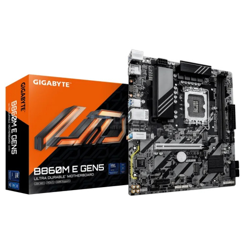 Матплата Gigabyte B860M E GEN5, LGA1851, Intel B860, 2xDDR5 PC70400, 1xPCI-E 5.0x16, 1xPCI-E3.0x1, Sound8Ch, GLAN, 4SATA+2M.2, RAID, mATX, 6USB3.2+6USB2.0, HDMI, DP Матплата Gigabyte B860M E GEN5, LGA1851, Intel B860, 2xDDR5 PC70400, 1xPCI-E 5.0x16, 1xPCI-E3.0x1, Sound8Ch, GLAN, 4SATA+2M.2, RAID, mATX, 6USB3.2+6USB2.0, HDMI, DP