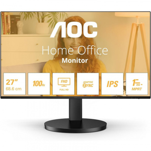 Монитор LCD 27" AOC 27B3HA2, IPS, Black, 1920x1080, 100Hz, 20000000 : 1, 250cd/m2, 178/178, 1ms, -5° ~ 23° наклон, Low Blue Ligh, Adaptive-Sync, VESA 100 x 100 мм, VGA, HDMI, выход на наушники, колонки 2x2W