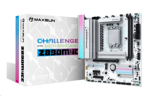 Матплата MAXSUN MS-Challenger Z890M WIFI ICE, LGA1851, Intel B890, 2xDDR5 PC57600(oc), 1xPCI-E 5.0x16, 1xPCI-E 4.0x4, 1xPCI-E 3.0x1, Sound8Ch, GLAN, 3SATA+2M.2, RAID, mATX, 1USB10G USB-C, 6USB5G+4USB2.0, HDMI, DP, WiFi