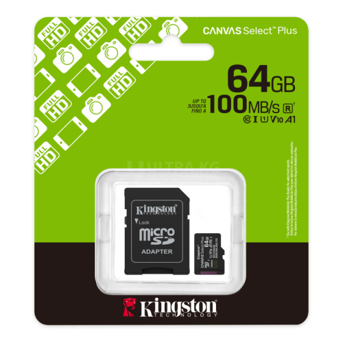 Карта памяти Secure Digital-micro Card Kingston 64GB uSD Select Plus UHS-I, Class 10, U1/U3, Video Class 10/30, A1 [SDCS3/64GB]