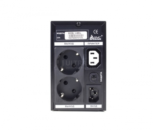 ИБП UPS SVC V-800-L, 800VA(480W), 12V/9Ah, 165-275В, Вход 220В, Выход 220В +/-10% x 3 вых. (2 Shuko CEE7 + 1 IEC C13 (Bypass)), Частота 50Гц, Время переключения 3 м/с, Черный, Пластиковый корпус фото 2