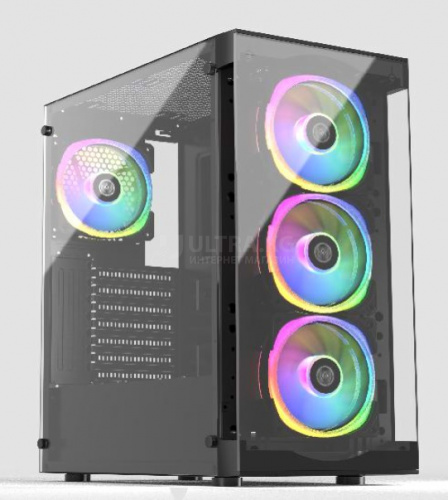 Корпус Aeromax KK1107 Glass Black ATX/Micro ATX/Mini ITX, 0.45mm, USBx2.0/3.0 , HD-Audio, 2x3.5"/3x2.5",Cooler:Front 3x12-14cm;Top:2x12-14cm;Rear:1x12cm, VGA 335mm, CPU высота 160mm,335x200x435mm,Без Б/П