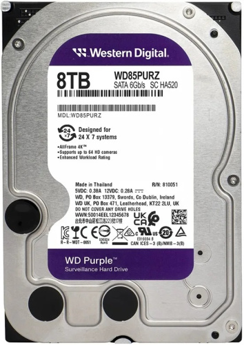 Жесткий диск HDD 8TB, Western Digital Purple Surveillance, 5640rpm, 256MB Cache, SATAIII [WD85PURZ]