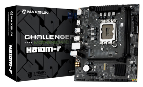 Матплата MAXSUN MS-Challenger H810M-F, LGA1851, Intel H810, 2xDDR5, 1xPCI-E16X, 1xPCI-E1x, Sound8Ch, GBLAN, 2SATA+M.2, mATX, 4USB3.2+5USB2.0, HDMI, DP