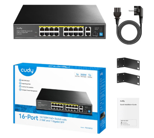 Сетевой коммутатор CUDY FS1018PS1 16x10/100Mbps PoE,2x1000Mbpc, 1.25G SFP Slots, PoE budget, VLAN/Default/Extend DIP Switch , 802.3i/u/ab/z/x/af/at, 30W