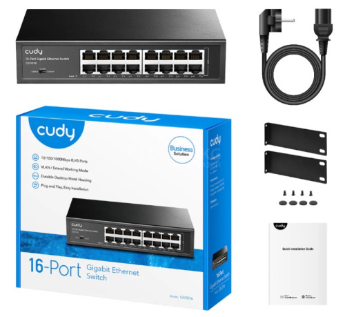 Сетевой коммутатор CUDY GS1016 16-Port Gigabit Switch, 16 Gigabit RJ45 Ports, IGMP Snooping, Loop Detection/Prevention, 802.1p/DSCP QoS, Switch/VLAN/Extend working mode DIP switch, Rack-mountable Steel Case, Power Saving, Plug and Play, Rack-Mount kits in