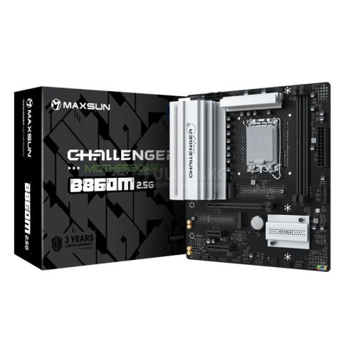 Матплата MAXSUN MS-Challenger B860M 2.5G, LGA1851, Intel B860, 2xDDR5, 1xPCI-E 5.0x16, 1xPCI-E 1.0x4, 1xPCI-E 1.0x1, Sound8Ch, GLAN, 2SATA+2M.2, RAID, mATX, 6USB3.2+6USB2.0, HDMI, DP, WiFi