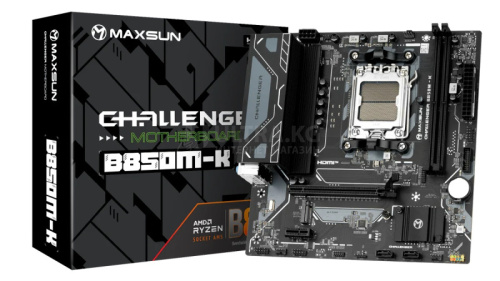 Материнская плата AM5 MAXSUN MS-Challenger B850M PLUS WIFI, AMD B850, 2xDDR5 PC64000, 1xPCI-EX16, 1xPCI-EX1, 2xSATA+2M.2, GBLAN, Sound7.1, mATX, 4xUSB2.0, 6xUSB3.2, HDMI, DP