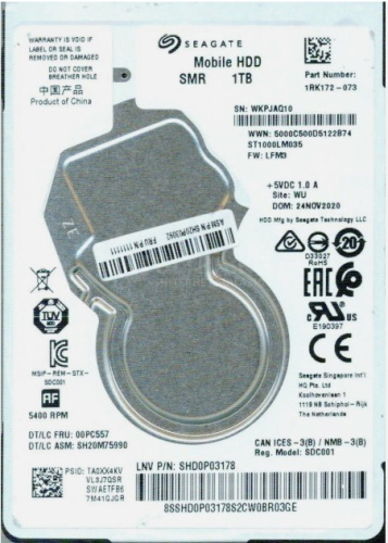 Жесткий диск для ноутбука 1000GB 5400rpm Seagate, 5400rpm, slim, for notebook [1RK172-073,287]