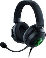 Наушники с микрофоном Razer Kraken V3 игровая гарнитура, микрофон поворотный гибкий, динамики 50 мм, тип подключения: USB Type-A, длина кабеля:2,0 м, примерная масса: TBC/250 г, диапазон частот:20 Гц–20 кГц, чувствительность при 1 кГц:96 дБ SPL/мВт, Чёрны