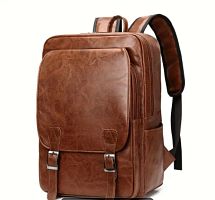 Городской кожаный рюкзак, большой размер, винтажный стиль, искусственная кожа, молнии, регулировка ручек, идеально для учебы , работы, до 15" ноутбука, Light Brown Color - 08
