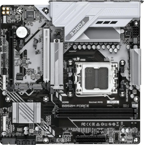Материнская плата AM5 GIGABYTE B850M FORCE, AMD B850, 2xDDR5 PC76800, 2xPCI-EX16, 4xSATA+3M.2, RAID,GBLAN, Sound7.1, mATX, 6xUSB2.0, 5xUSB3.2, 2xUSB-C, HDMI, DP фото 2 Материнская плата AM5 GIGABYTE B850M FORCE, AMD B850, 2xDDR5 PC76800, 2xPCI-EX16, 4xSATA+3M.2, RAID,GBLAN, Sound7.1, mATX, 6xUSB2.0, 5xUSB3.2, 2xUSB-C, HDMI, DP фото 2