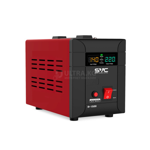 Стабилизатор (AVR) SVC R-1500, 1500ВА/1500Вт, Диапазон работы AVR: 140-260В, Выходное напряжение: 220В +/-7%, Задержка включения, выход 2 шт Shсuko, LCD-дисплей, Защита: от перегрузки, короткого замыкания, повышенной температуры, Чёрно-красный